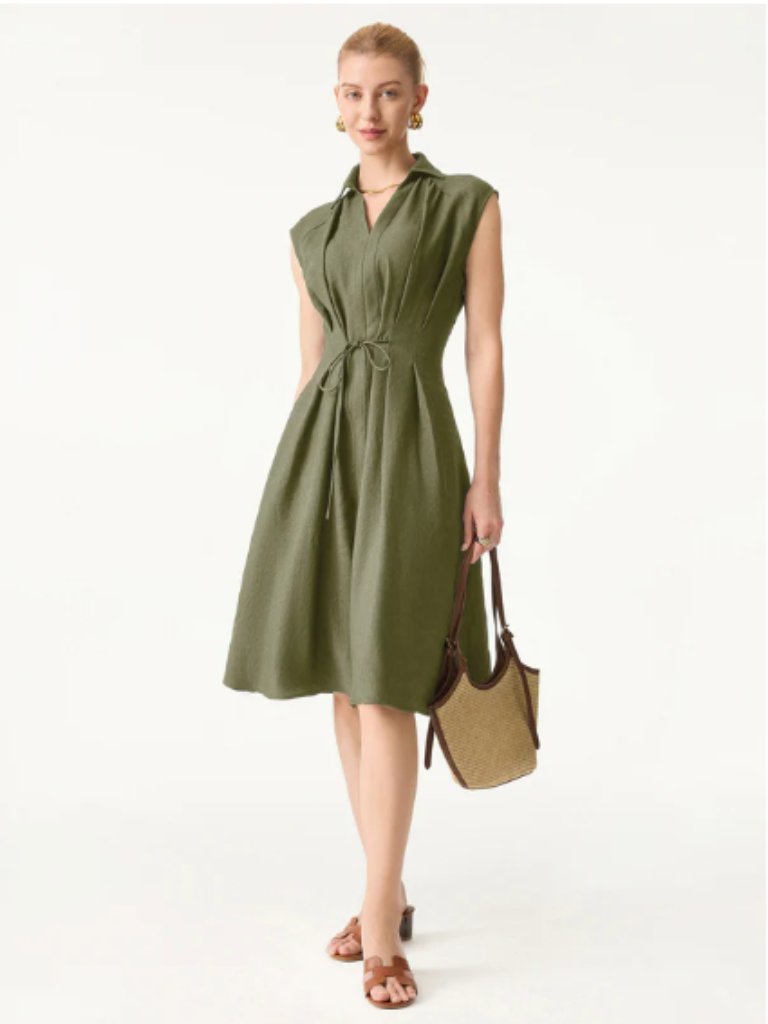 Ogl Viscose-Linen Collared V-Neck Midi Dress With Drawstring (Antique Gold)